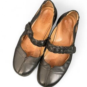 Hotter UK England Made Black Leather Flats Braided Strap Mary Janes Womens 7